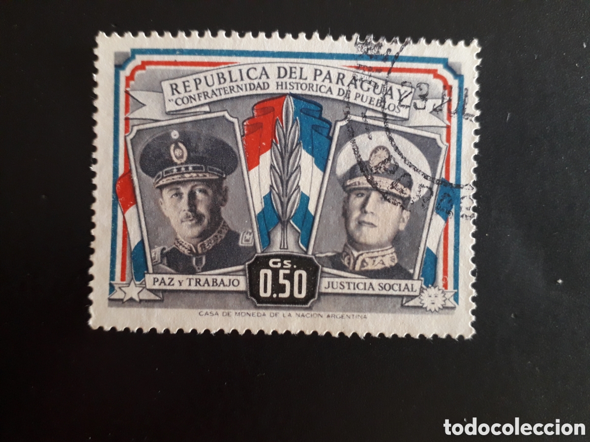 Sellos: PARAGUAY YVERT 508 SELLO SUELTO USADO 1955 STROESSNER Y PER&Oacute;N, BANDERAS PEDIDO M&Iacute;NIMO 3&euro;