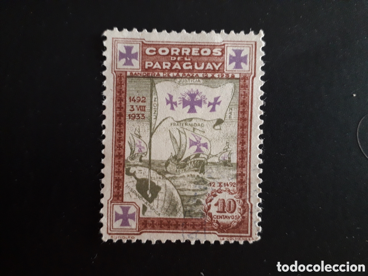 Sellos: PARAGUAY YVERT 343 SELLO SUELTO USADO 1933 PARTIDA DE COL&Oacute;N, BARCOS PEDIDO M&Iacute;NIMO 3&euro;