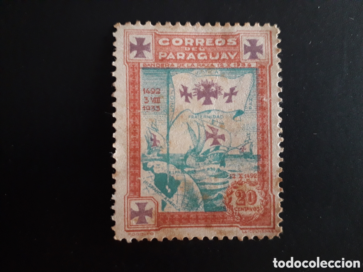 Sellos: PARAGUAY YVERT 344 SELLO SUELTO USADO 1933 PARTIDA DE COL&Oacute;N, BARCOS PEDIDO M&Iacute;NIMO 3&euro;