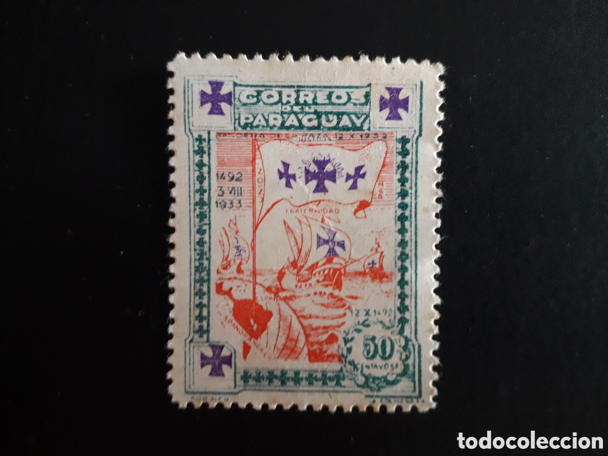 Sellos: PARAGUAY YVERT 345 SELLO SUELTO USADO 1933 PARTIDA DE COL&Oacute;N, BARCOS PEDIDO M&Iacute;NIMO 3&euro;