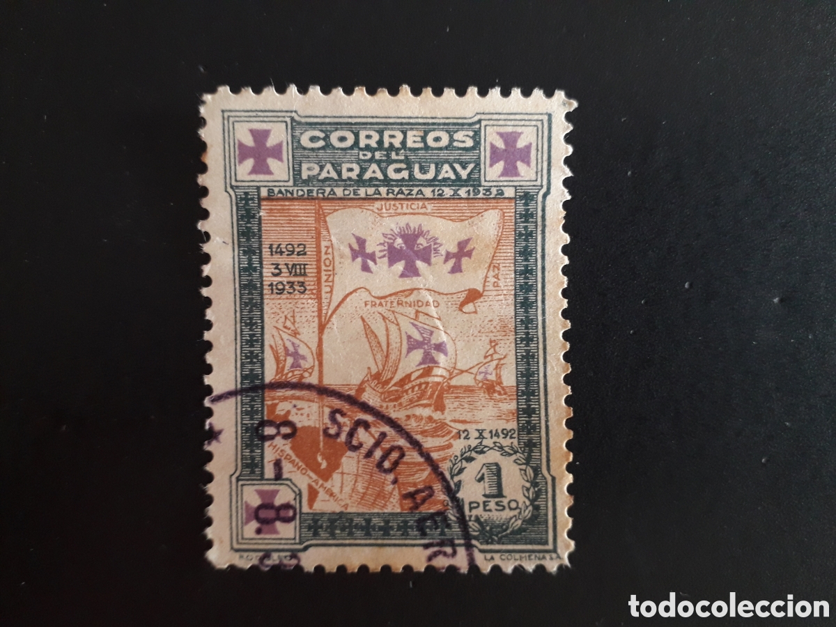 Sellos: PARAGUAY YVERT 346 SELLO SUELTO USADO 1933 PARTIDA DE COL&Oacute;N, BARCOS PEDIDO M&Iacute;NIMO 3&euro;