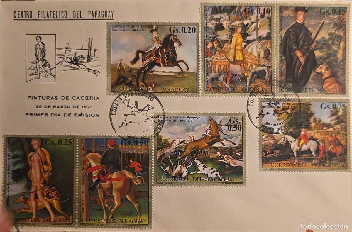 Sellos: TS) 1971, PARAGUAY, FIRST DAY COVER, &rdquo;HUNTING PAINTINGS&rdquo; THEMATIC SERIES; THE TOP-LEFT CORNER BEARS