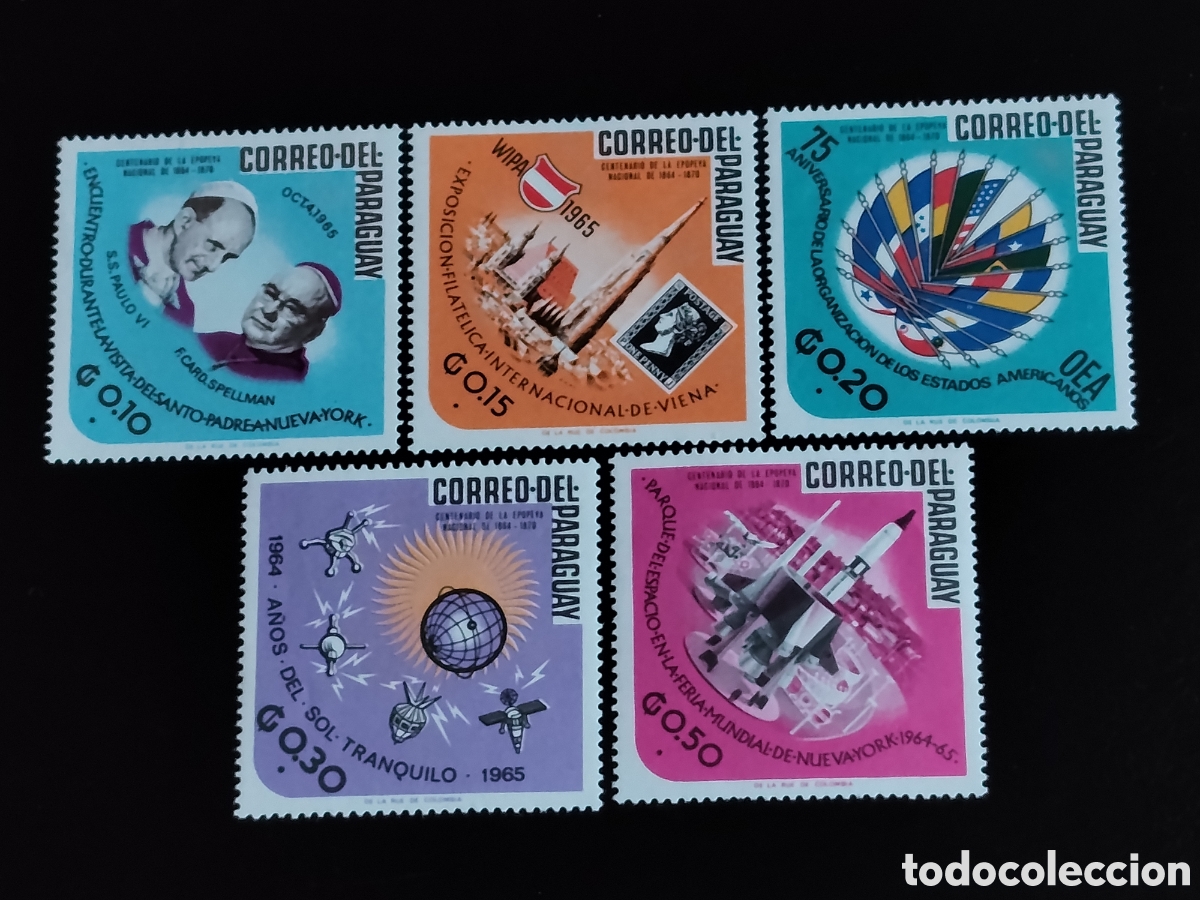 Selos: Lote 5 Sellos Paraguay 1966 Eventos 1965 Espacio Papa OEA Scott 919/923 MNH