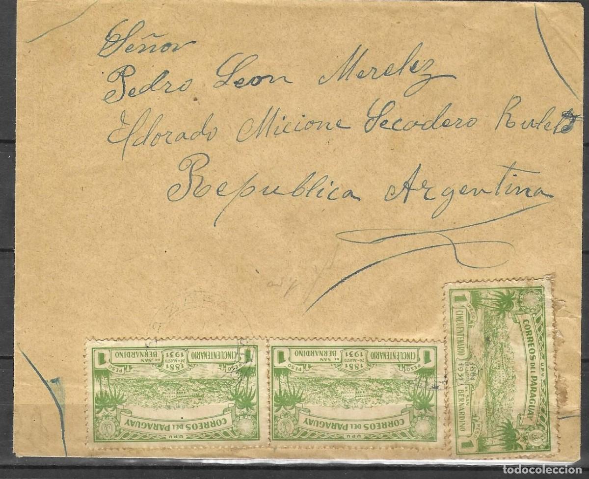 Sellos: PARAGUAY 1931 - Carta a Eldorado, Misiones (Argentina) - 3 Sellos de 1 Peso Verde