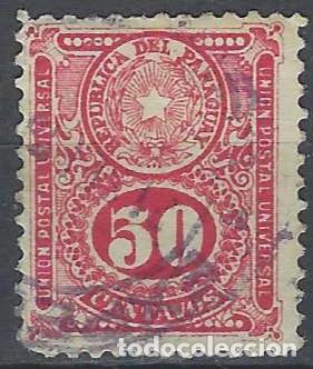 Sellos: PARAGUAY 1910 - ESCUDO Y CIFRA, 50 C ROSA - USADO
