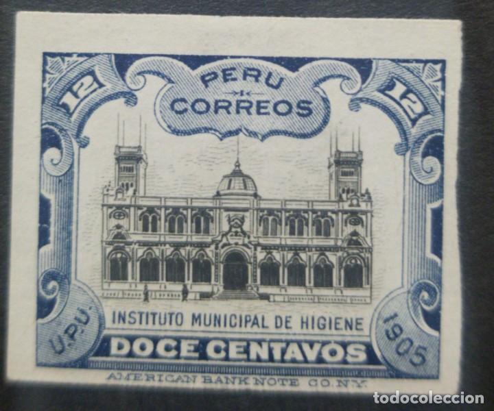 Sellos: O) 1905 PER&Uacute;, PRUEBA DE DADO, PAPEL DE LA INDIA, UPU, INSTITUTO MUNICIPAL DE HIGIENE DE LIMA - AMERI - Foto 1