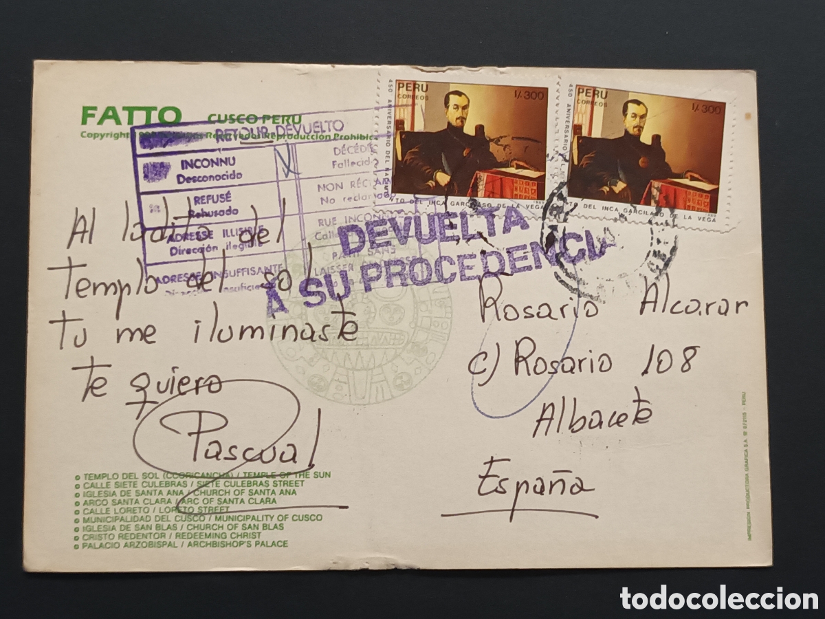 Sellos: PER&Uacute;. POSTAL FRANQUEADA Y DEVUELTA A SU PROCEDENCIA. - Foto 1