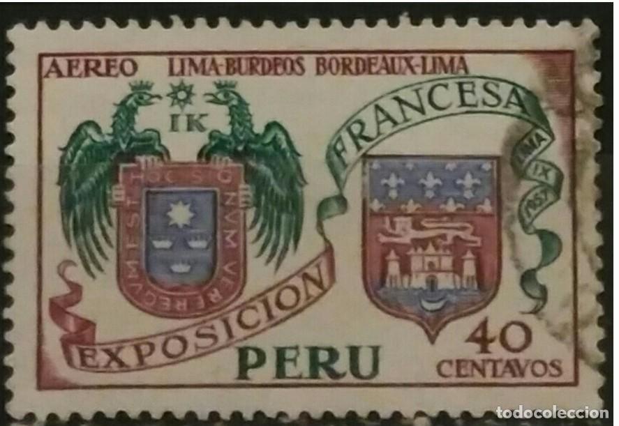 Sellos: PER&Uacute; 1957 Exposici&oacute;n francesa de Lima. USADO. - Foto 1