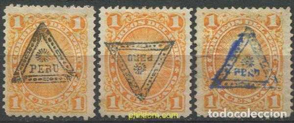 Sellos: 709375 HINGED PERU 1883 PERU Y EL SOL, SOBRECARGA TRIANGULAR - Foto 1