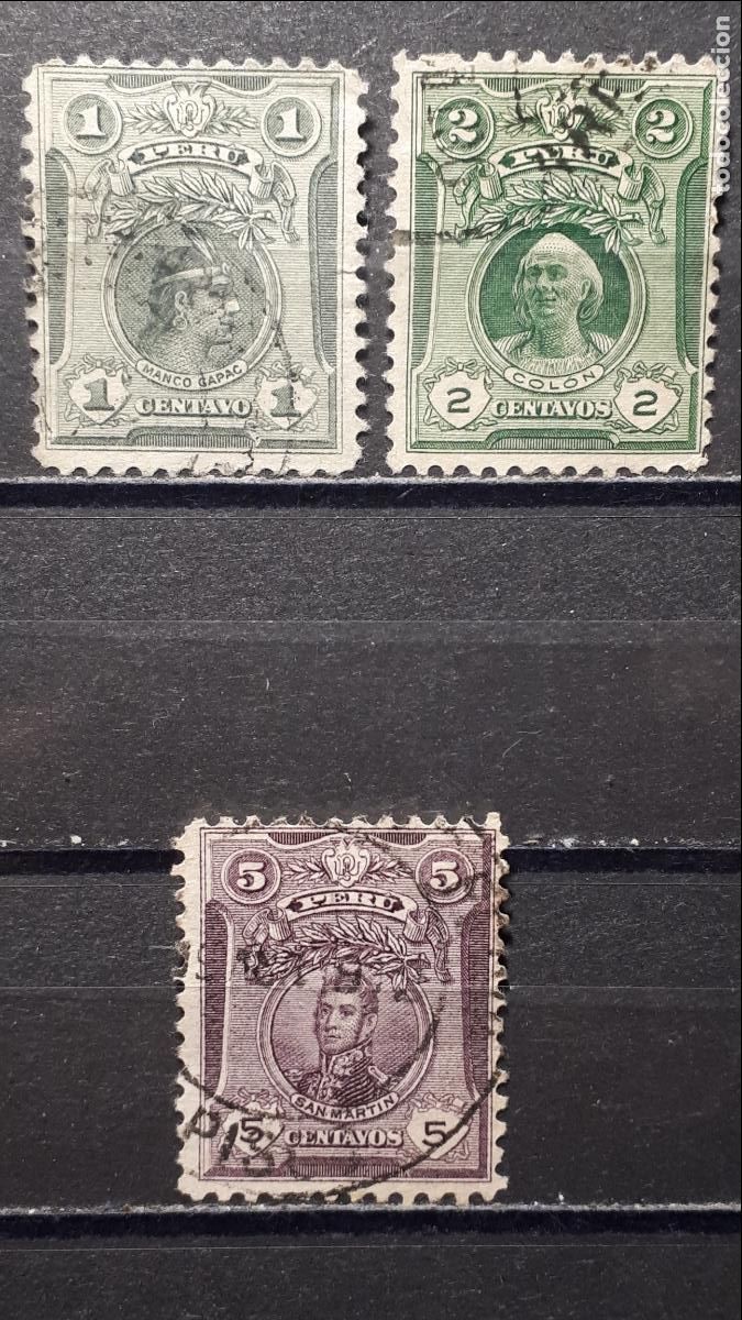 Sellos: PER&Uacute;. A&Ntilde;O 1909. &deg;. YVERT 142, 143, 145 - Foto 1