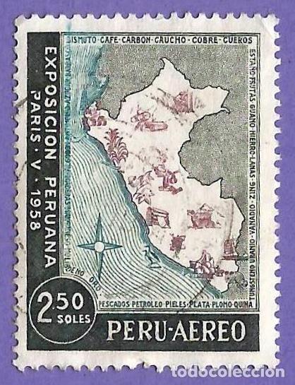 Sellos: Peru. 1958. Scott # C147. Exposicion peruana en Paris. Mapa - Foto 1