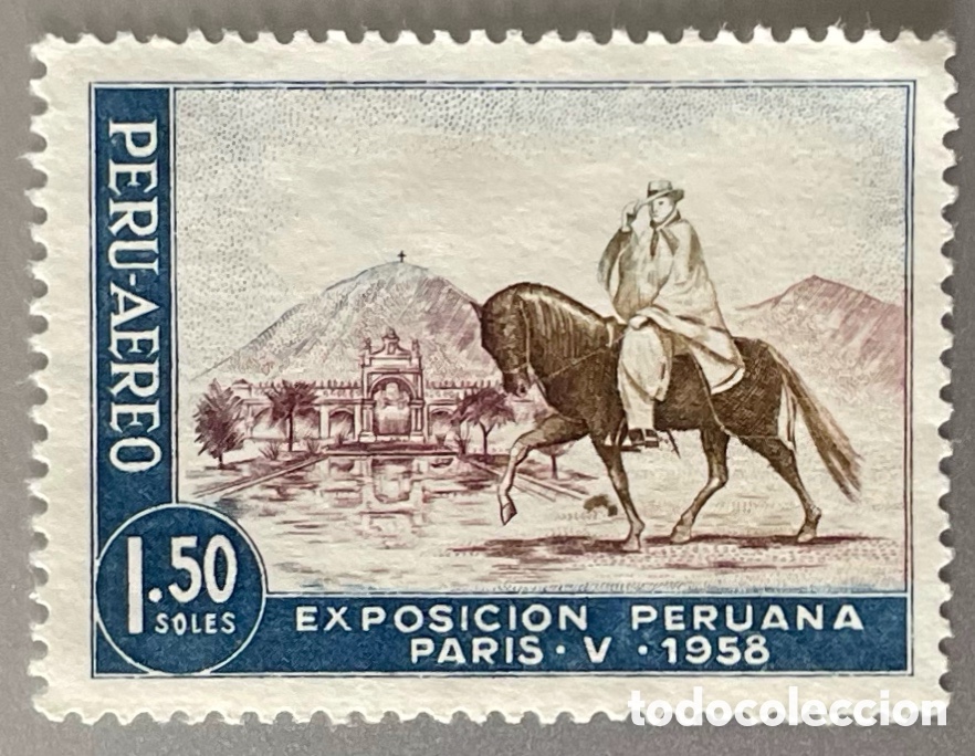 Sellos: Per&uacute;. Exposici&oacute;n peruana en Par&iacute;s. Lima y caballero. 1958 - Foto 1