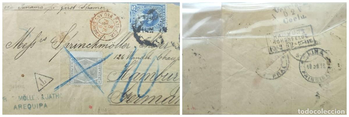 Sellos: O) 1879 PERU, AREQUIPA, PAQ. ANG. BORDEAUX, VIA PANAMA POR FIRST STEAMER, TAX - T, QUEEN VICTORIA,