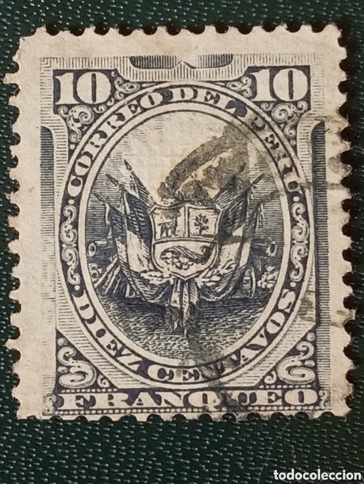 Sellos: Per&uacute; 1876 - Sello 10 Centavos Verde, Escudo de Armas - Scott #23