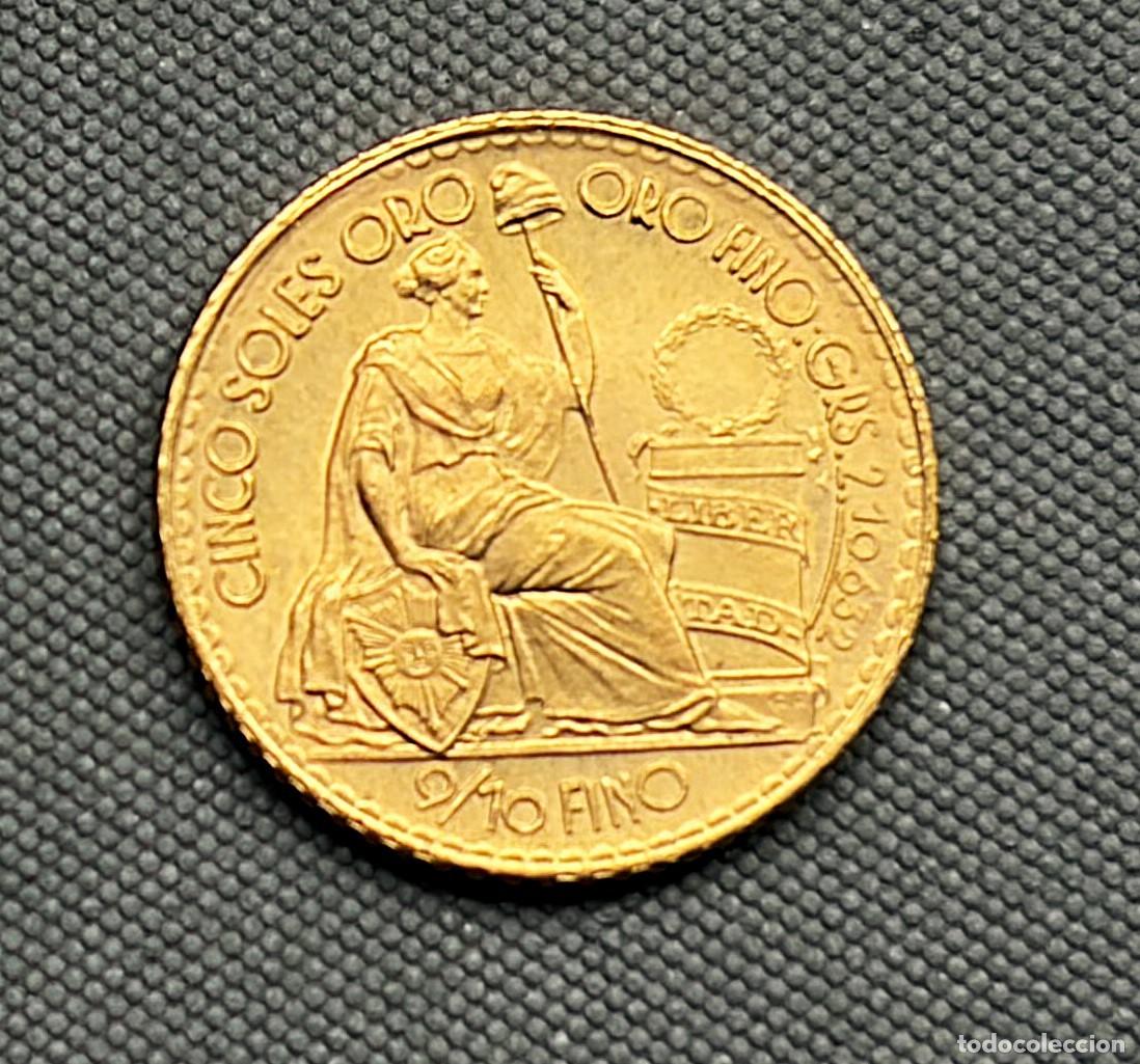 Sellos: Per&uacute; - Moneda 5 pesos a&ntilde;o 1965 - 0,677 oz de oro 900/1000 - excelente ejemplar-ver fotos