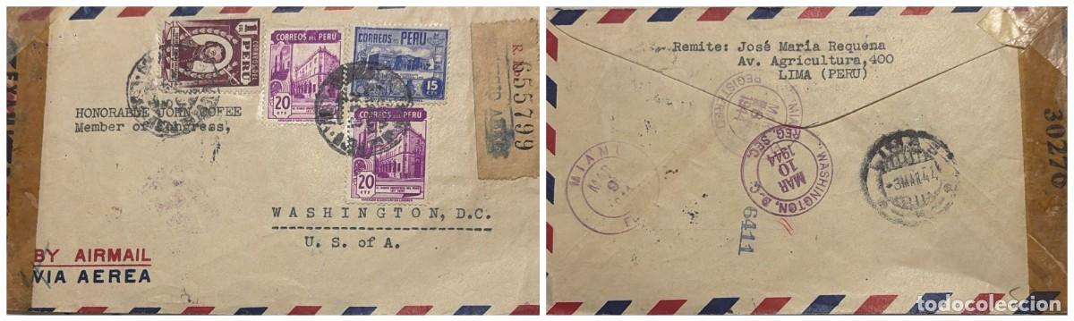 Sellos: O) 1944 PERU, CENSORSHIP. TORIBIO DE LUZURIAGA, INDUSTRIAL BANK OF PERU, ARCHEOLOGICAL MUSEUM. CIR