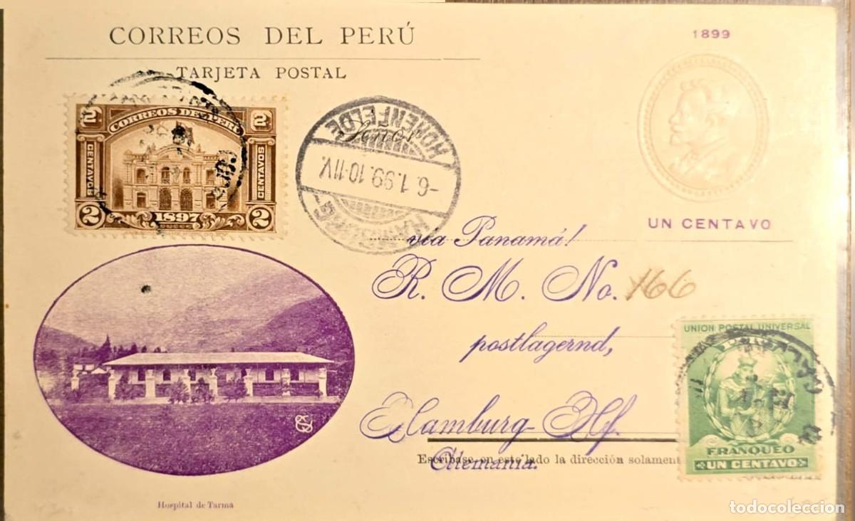 Sellos: O) 1899 PERU, PRES. NICOLAS DE PIEROLA, POSTAL STATIONERY, POST AND TELEGRAPH BUILDING LIMA, TARMA