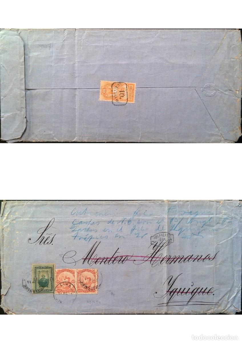 Sellos: O) 1874 circa, PERU, LIMA, LLAMAS SCT 17 10c vermillion,COAT OF ARMS SCT 28 50c green, STEAMSHIP AN