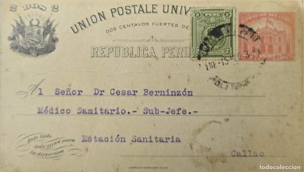 Sellos: O) PERU, BOLIVAR SCT 210 2c green, POST AND TELEGRAPH BUILDING LIMA, POSTAL STATIONERY, DESTINATION