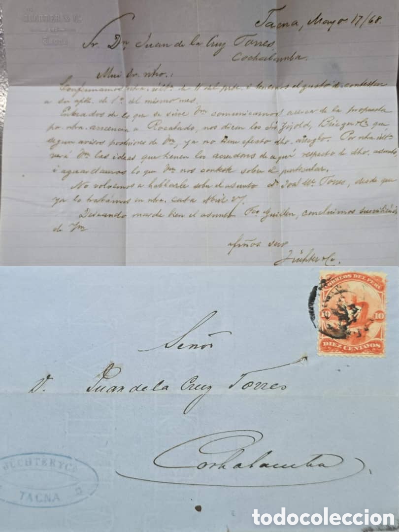 Selos: Cy) 1874 PERU, COVER FROM TACNA TO COCHABAMBA (BOLIVIA), ADDRESSED TO JUAN DE LA CRUZ TORRES