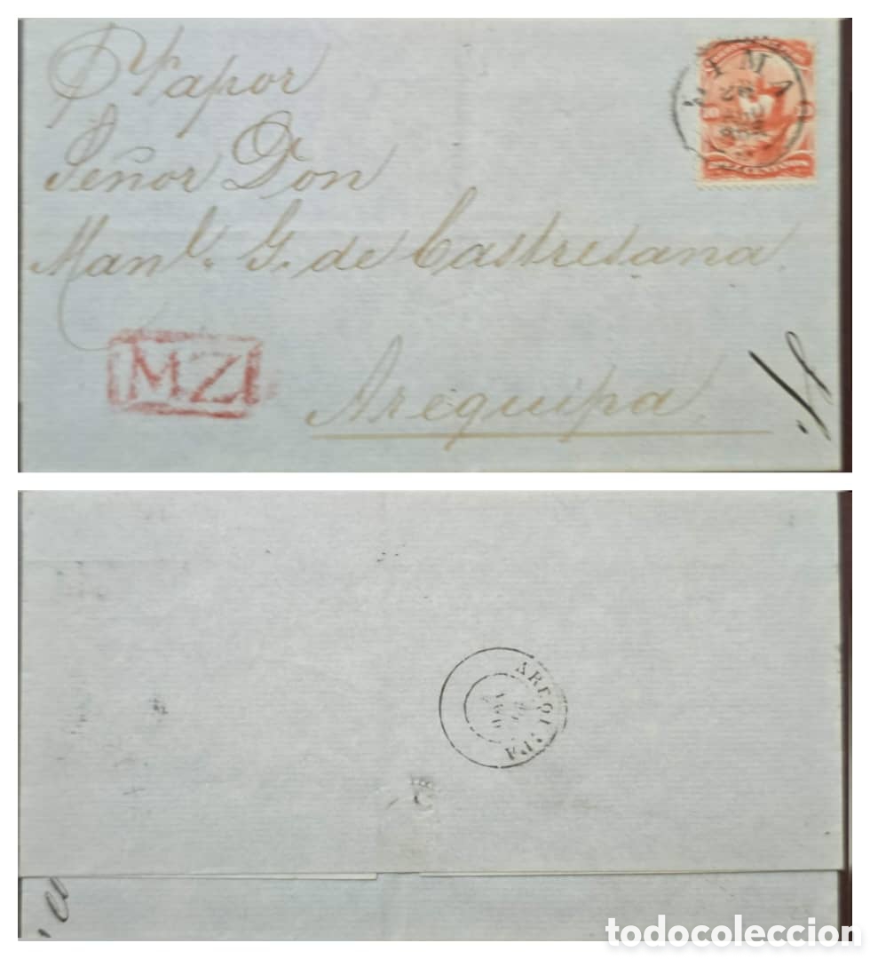 Sellos: Cy) 1894 PERU, COVER TO AREQUIPA &rdquo;POR VAPOR&rdquo;, 10c ORANGE STAMP WITH LIMA DATE CANCEL AND RED &rdquo;M.Z.&rdquo;