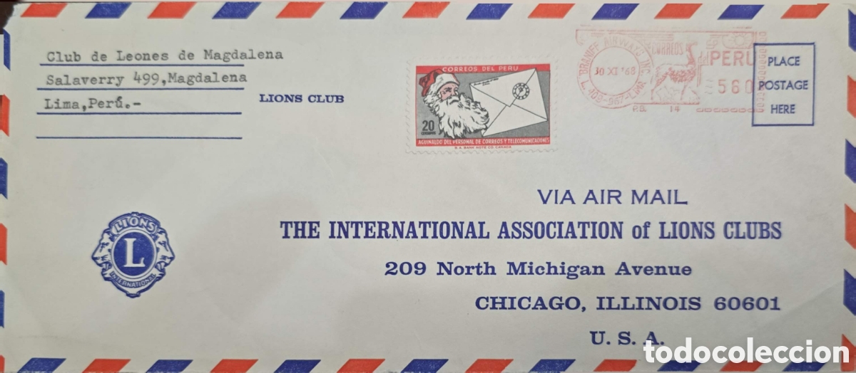 Sellos: CA)Peru.1968 (Date visible on red postmark: 30 November 1968). Postal History / Christmas / Lions Cl