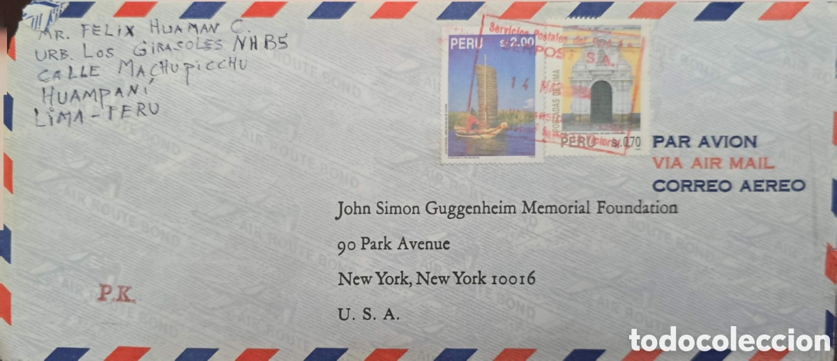 Sellos: CA)Sent from Peru to the United States in 1996.(Readable date at the red postmark in Lima: 14 March