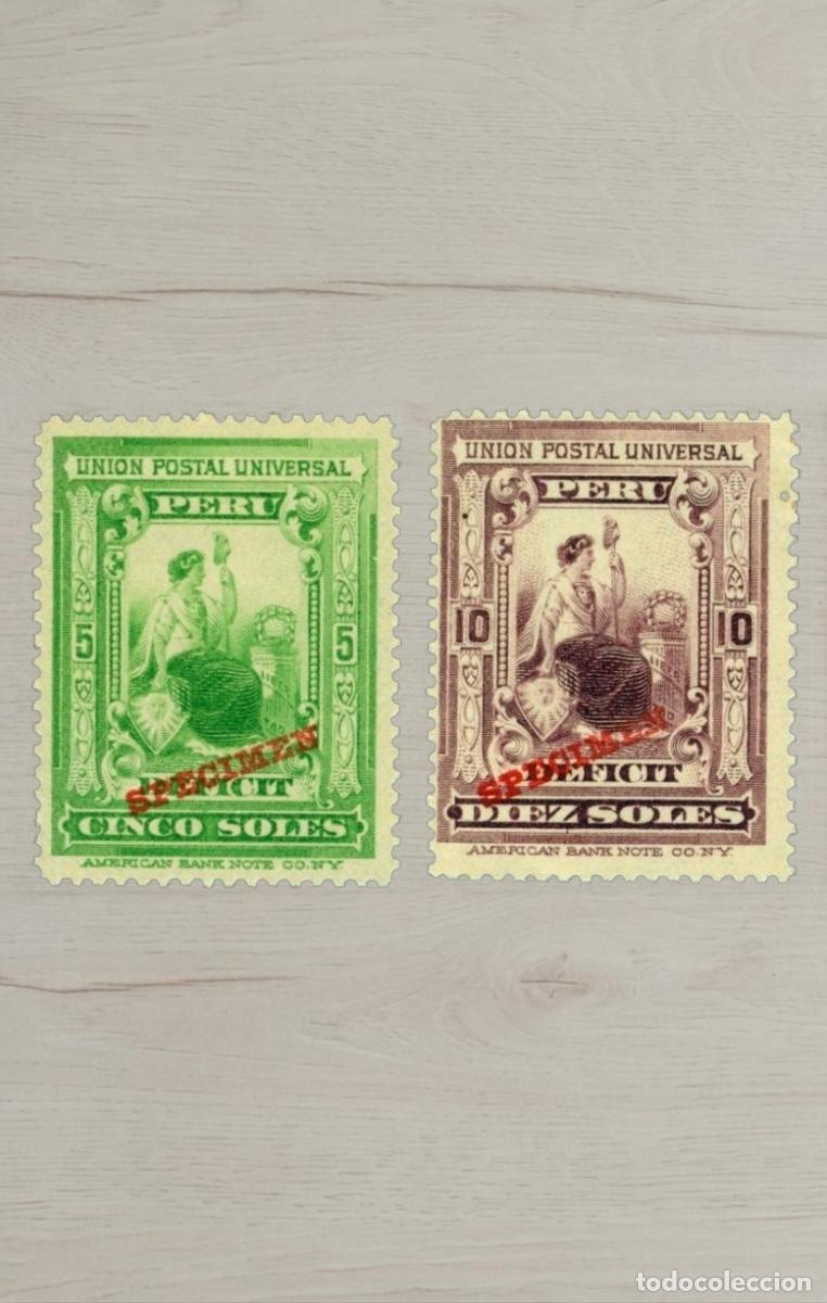 Sellos: PERU 1909 Rare Postage Due &ndash; 2 High-Value Soles Stamps / Ultra Rare &rdquo;SPECIMEN&rdquo; Overprints / Mint
