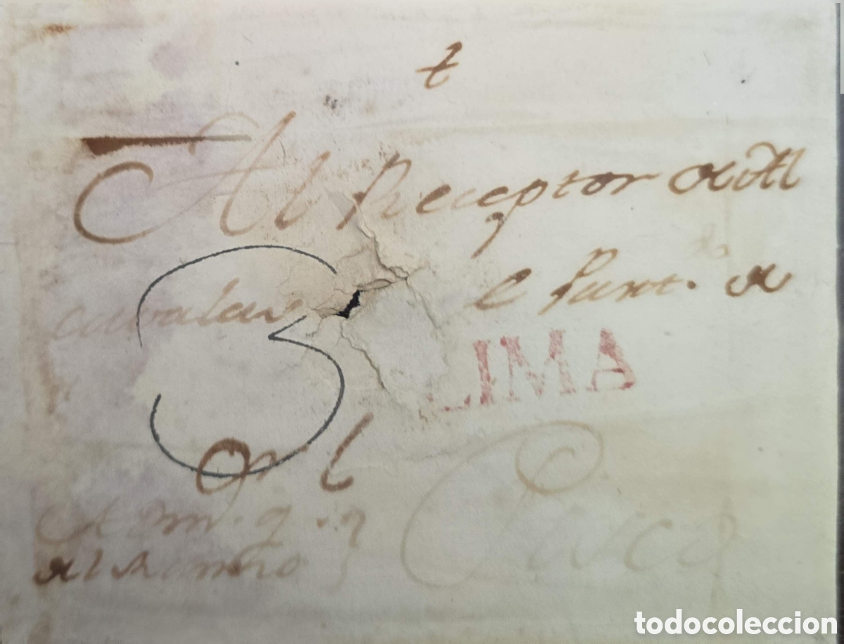 Sellos: CA)Peru + circa 19th century + Postal Administration + Handwritten document with large &ldquo;3&rdquo; numeral a