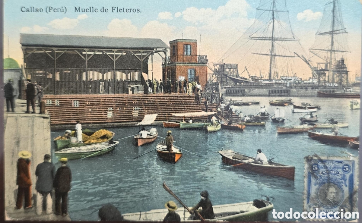 Sellos: Cy) 1900s &middot; Per&uacute; vintage postcard of Callao&rsquo;s freighters&rsquo; wharf showing boats loading goods