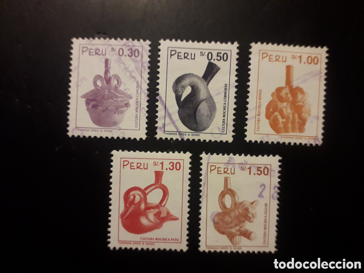 Sellos: PER&Uacute;, YVERT 1088/92 SIN EL 1087 SERIE CORTA USADA 1996 RECIPIENTES CULTURA MOCHICA PEDIDO M&Iacute;NIMO 3&euro;
