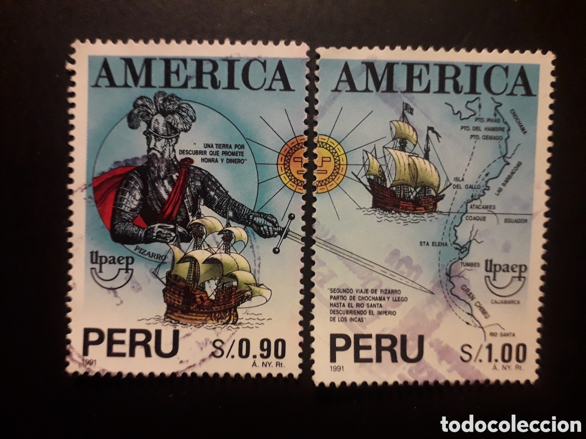 Sellos: PER&Uacute;, YVERT 991/2 SERIE COMPLETA USADA 1993 AM&Eacute;RICA UPAEP, PIZARRO, BARCOS, MAPAS PEDIDO M&Iacute;NIMO 3&euro;