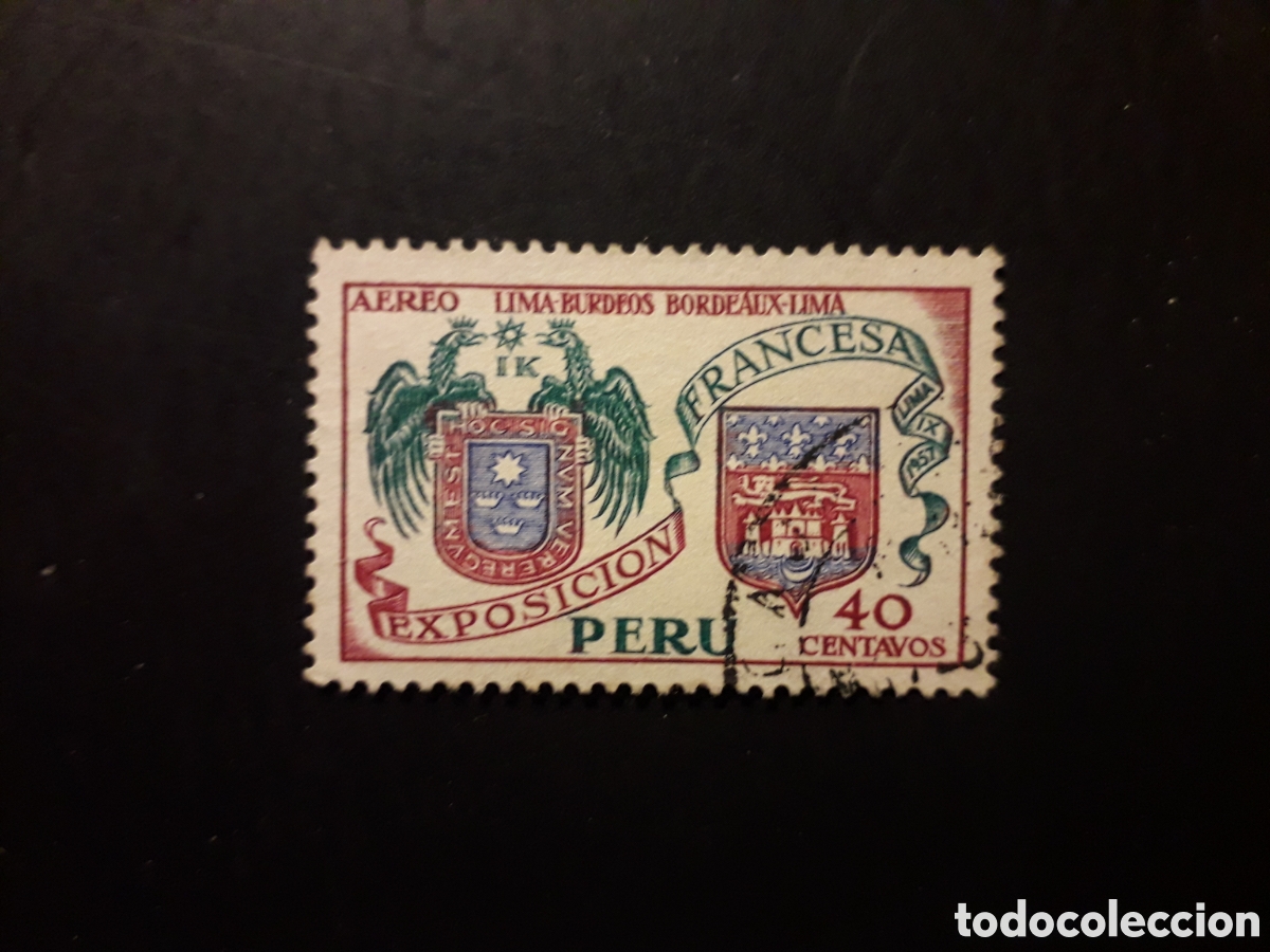 Sellos: PER&Uacute; YVERT A 121 SELLO SUELTO USADO 1957 EXPOSICI&Oacute;N FRANCESA, ESCUDOS PEDIDO M&Iacute;NIMO 3&euro;