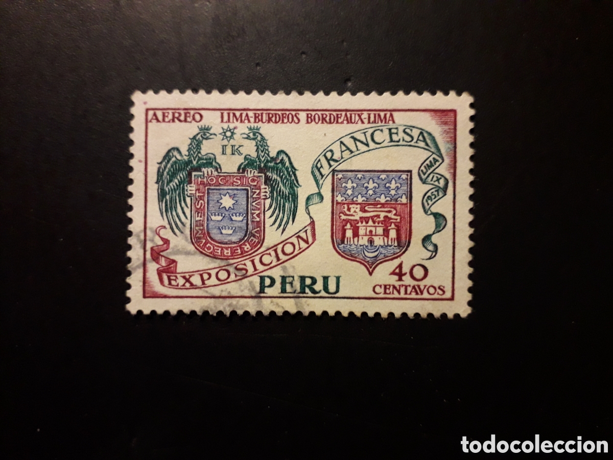 Sellos: PER&Uacute; YVERT A 121 SELLO SUELTO USADO 1957 EXPOSICI&Oacute;N FRANCESA, ESCUDOS PEDIDO M&Iacute;NIMO 3&euro;