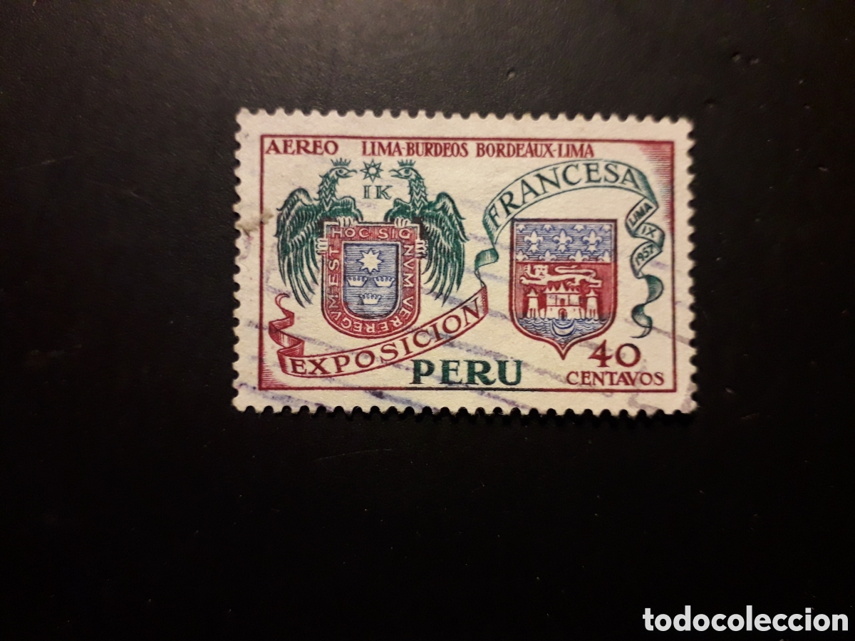 Sellos: PER&Uacute; YVERT A 121 SELLO SUELTO USADO 1957 EXPOSICI&Oacute;N FRANCESA, ESCUDOS PEDIDO M&Iacute;NIMO 3&euro;