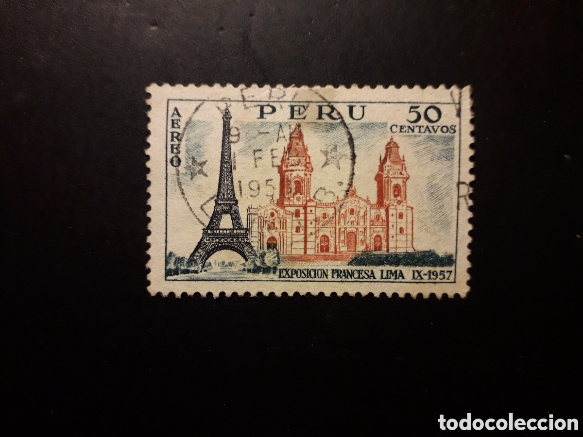 Sellos: PER&Uacute; YVERT A 122 SELLO SUELTO USADO 1957 EXPOSICI&Oacute;N FRANCESA, TORRE EIFFEL, LIMA PEDIDO M&Iacute;NIMO 3&euro;