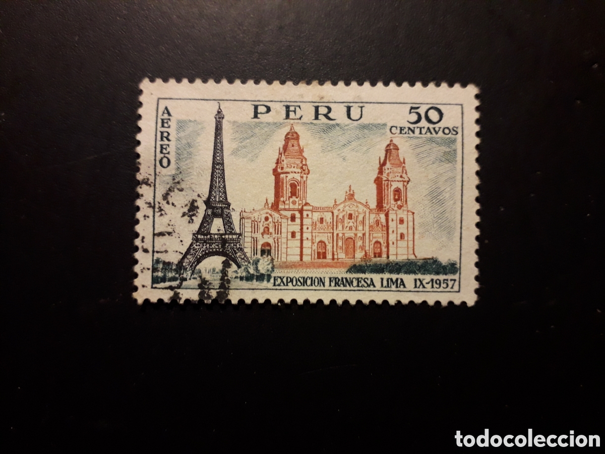 Sellos: PER&Uacute; YVERT A 122 SELLO SUELTO USADO 1957 EXPOSICI&Oacute;N FRANCESA, TORRE EIFFEL, LIMA PEDIDO M&Iacute;NIMO 3&euro;