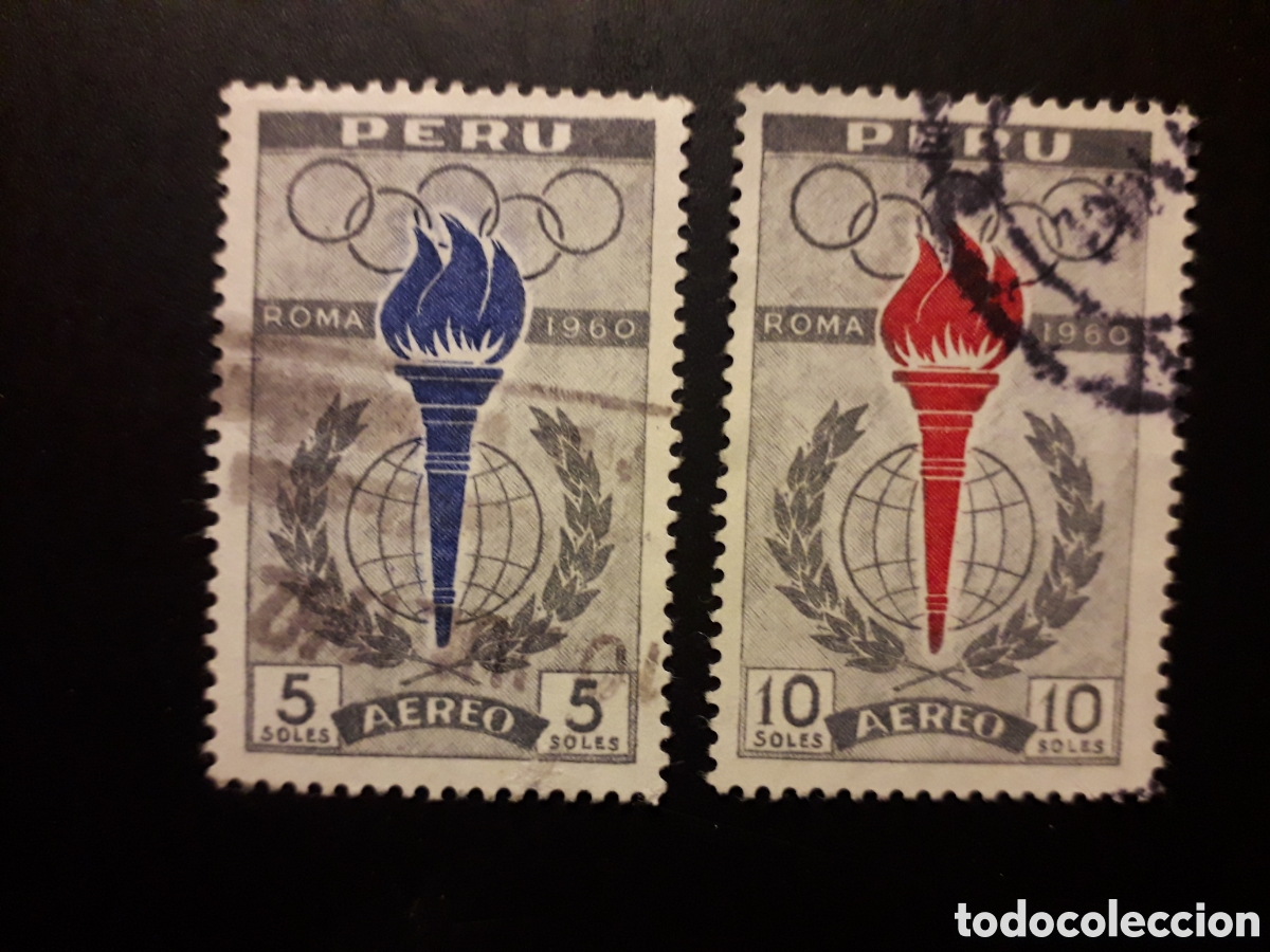 Sellos: PER&Uacute; YVERT A 166/7 SERIE COMPLETA USADA 1961 DEPORTES OLIMPIADA DE ROMA, ANTORCHA PEDIDO M&Iacute;NIMO 3&euro;