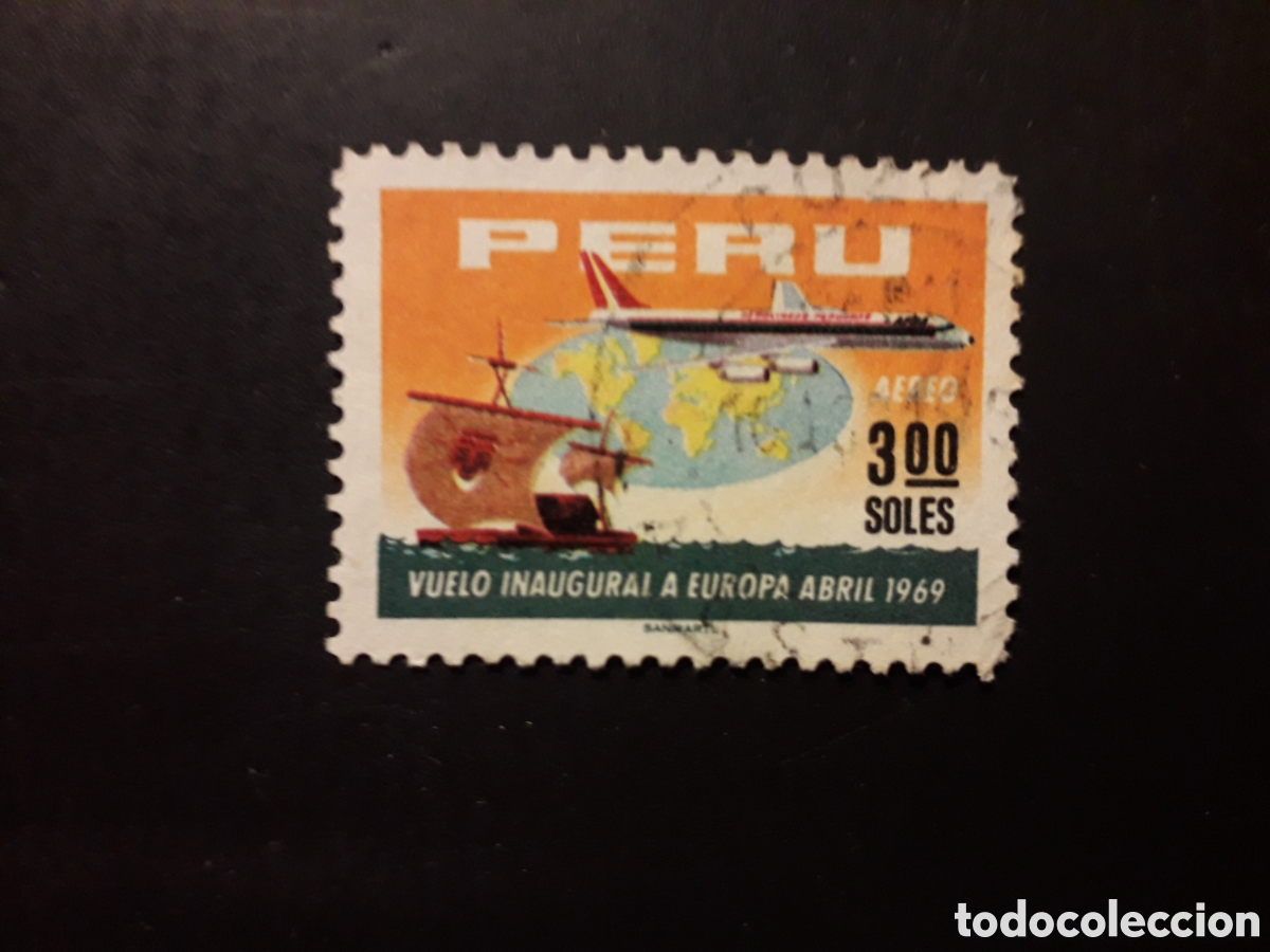 Sellos: PER&Uacute; YVERT A 240 SELLO SUELTO USADO 1969 VUELO INAUGURAL A EUROPA, AVIONES, MAPAS PEDIDO M&Iacute;NIMO 3&euro;