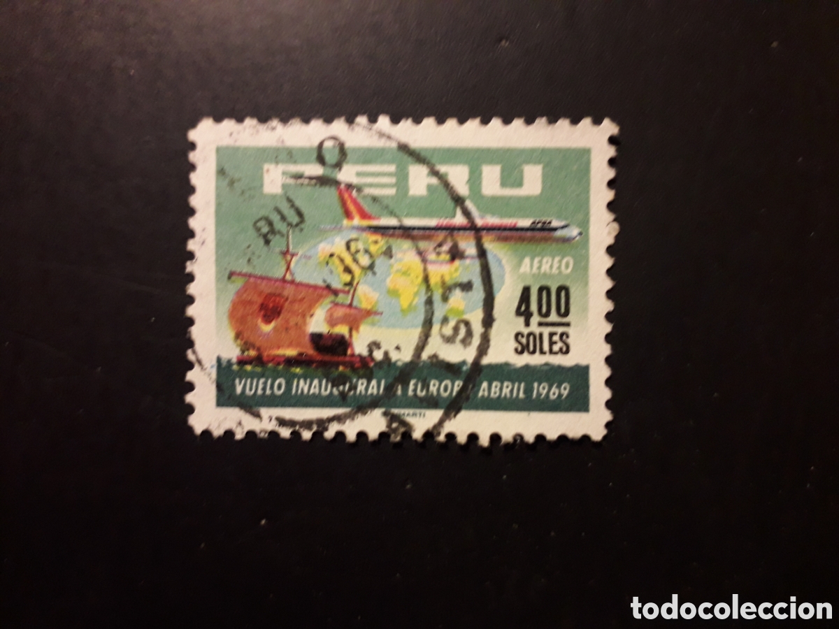 Sellos: PER&Uacute; YVERT A 241 SELLO SUELTO USADO 1969 VUELO INAUGURAL A EUROPA, AVIONES, MAPAS PEDIDO M&Iacute;NIMO 3&euro;