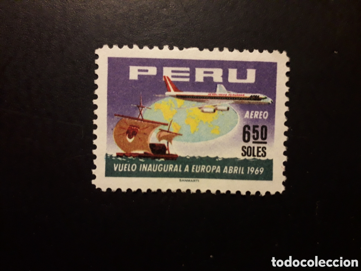 Sellos: PER&Uacute; YVERT A 243 SELLO SUELTO USADO 1969 VUELO INAUGURAL A EUROPA, AVIONES, MAPAS PEDIDO M&Iacute;NIMO 3&euro;