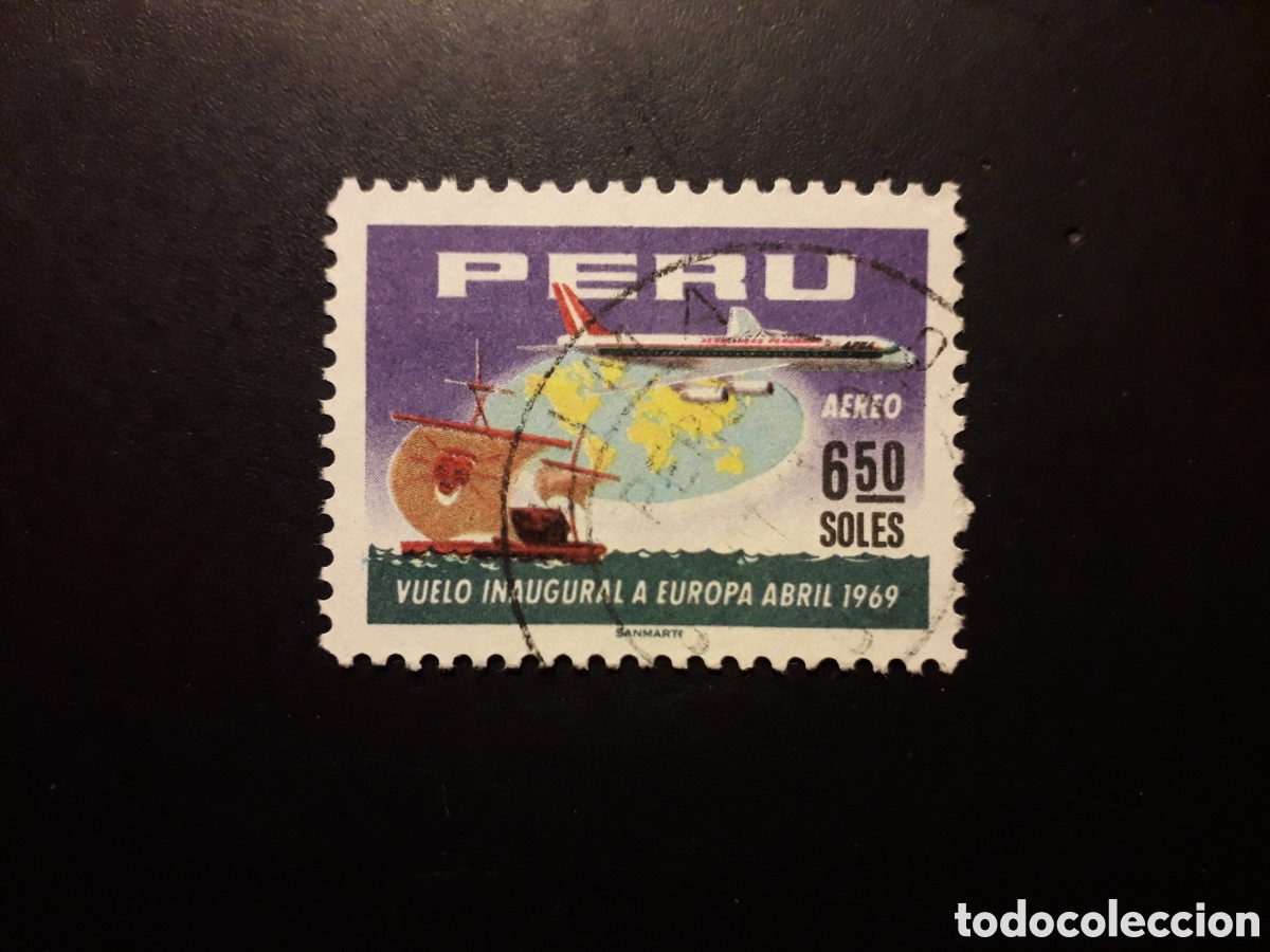 Sellos: PER&Uacute; YVERT A 243 SELLO SUELTO USADO 1969 VUELO INAUGURAL A EUROPA, AVIONES, MAPAS PEDIDO M&Iacute;NIMO 3&euro;