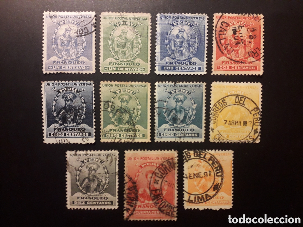 Sellos: PER&Uacute; YVERT 106/116 SIN 117/8 SERIE CORTA USADA 1896-99 INCA, PIZARRO Y J DE LA MAR M&Iacute;NIMO 3&euro;
