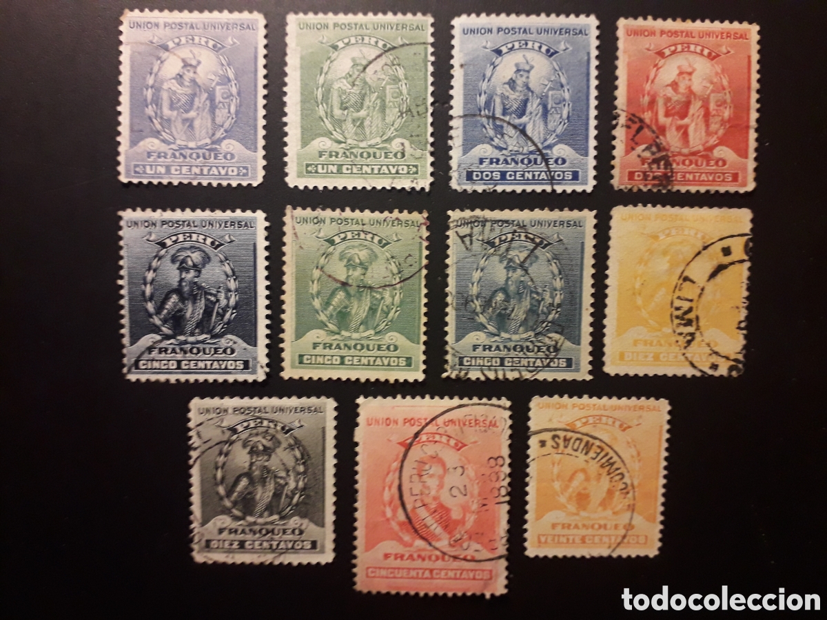 Sellos: PER&Uacute; YVERT 106/116 SIN 117/8 SERIE CORTA USADA 1896-99 INCA, PIZARRO Y J DE LA MAR M&Iacute;NIMO 3&euro;