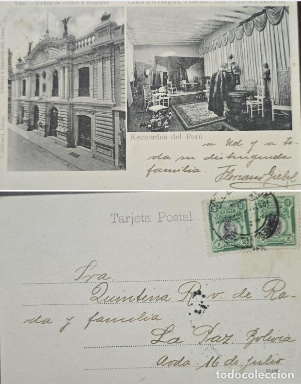 Sellos: TS) CIRCA 1915 PERU, POSTCARD,COVER SENT FROM LIMA TO LA PAZ, MULTIPLE STAMPS.