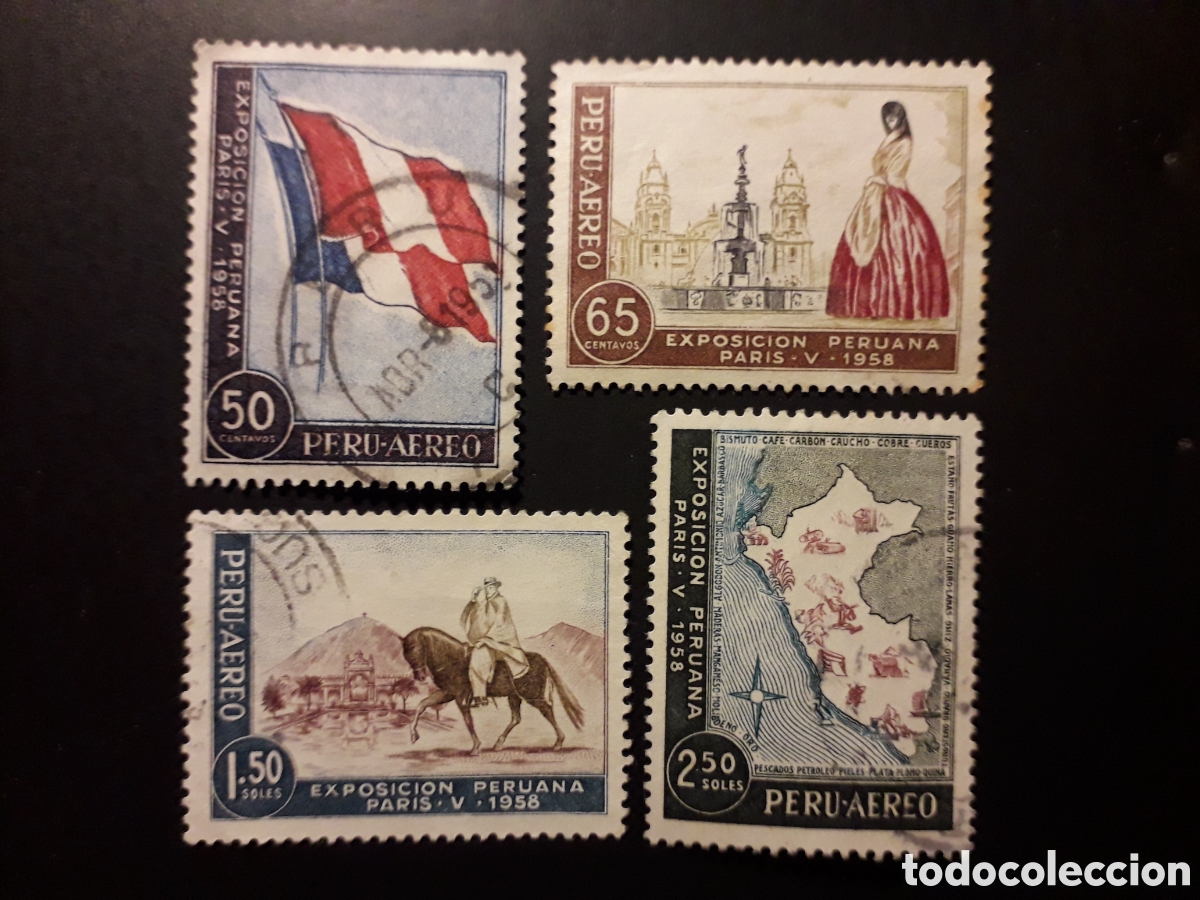 Sellos: PER&Uacute; YVERT A 138/41 SERIE CTA USADA 1958 EXPOSICI&Oacute;N PERUANA PAR&Iacute;S BANDERA MAPAS PEDIDO M&Iacute;NIMO 3&euro;