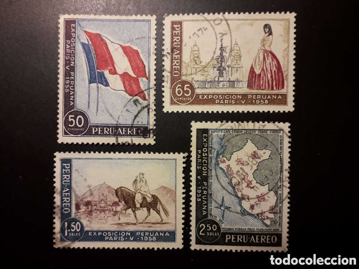 Sellos: PER&Uacute; YVERT A 138/41 SERIE CTA USADA 1958 EXPOSICI&Oacute;N PERUANA PAR&Iacute;S BANDERA MAPAS PEDIDO M&Iacute;NIMO 3&euro;