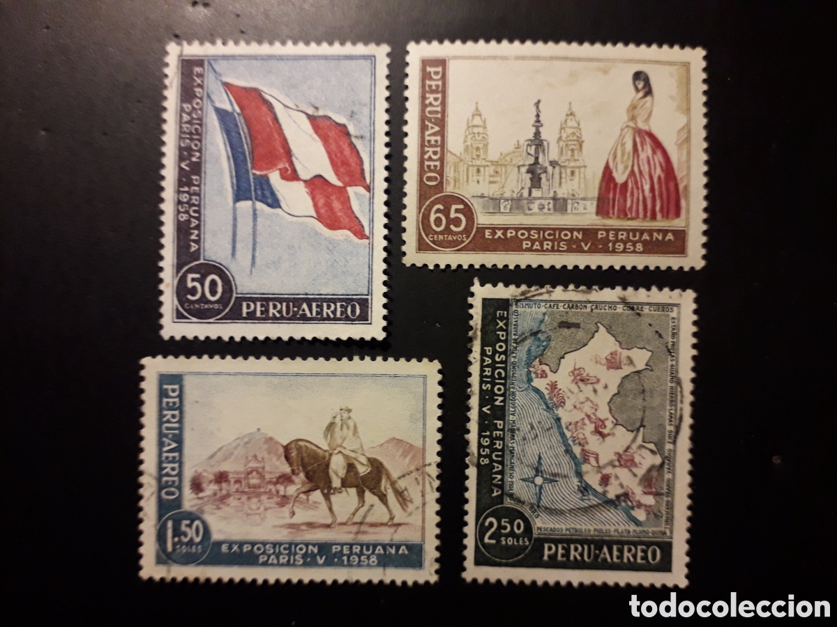 Sellos: PER&Uacute; YVERT A 138/41 SERIE MAYOR&Iacute;A USADA 1958 EXPOSICI&Oacute;N PERUANA PAR&Iacute;S BANDERA MAPA PEDIDO M&Iacute;NIMO 3&euro;