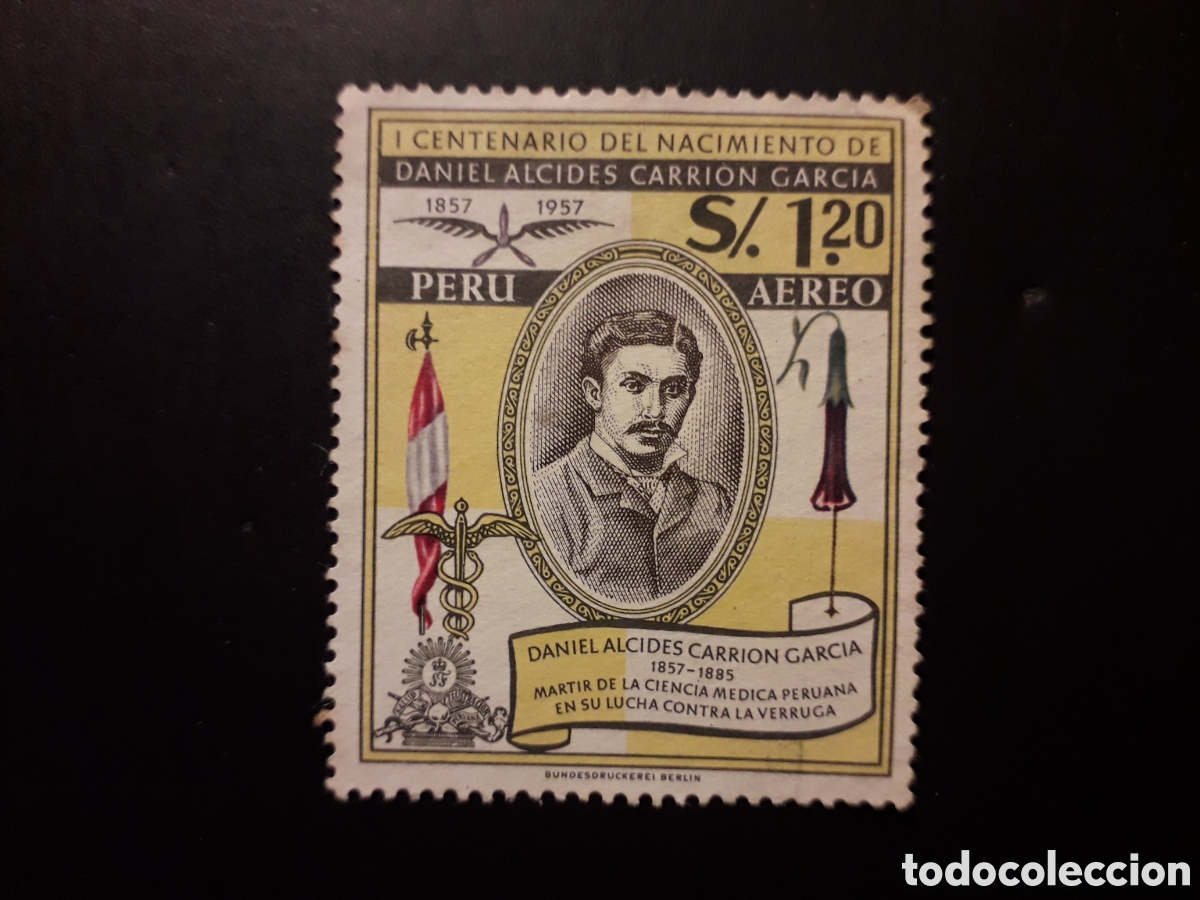 Sellos: PER&Uacute; YVERT A 143 SELLO SUELTO USADO 1958 DANIEL ALCIDES CARRI&Oacute;N, MEDICINA PEDIDO M&Iacute;NIMO 3&euro;