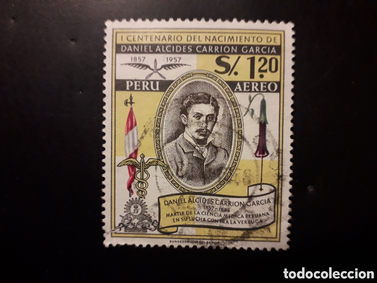 Sellos: PER&Uacute; YVERT A 143 SELLO SUELTO USADO 1958 DANIEL ALCIDES CARRI&Oacute;N, MEDICINA PEDIDO M&Iacute;NIMO 3&euro;